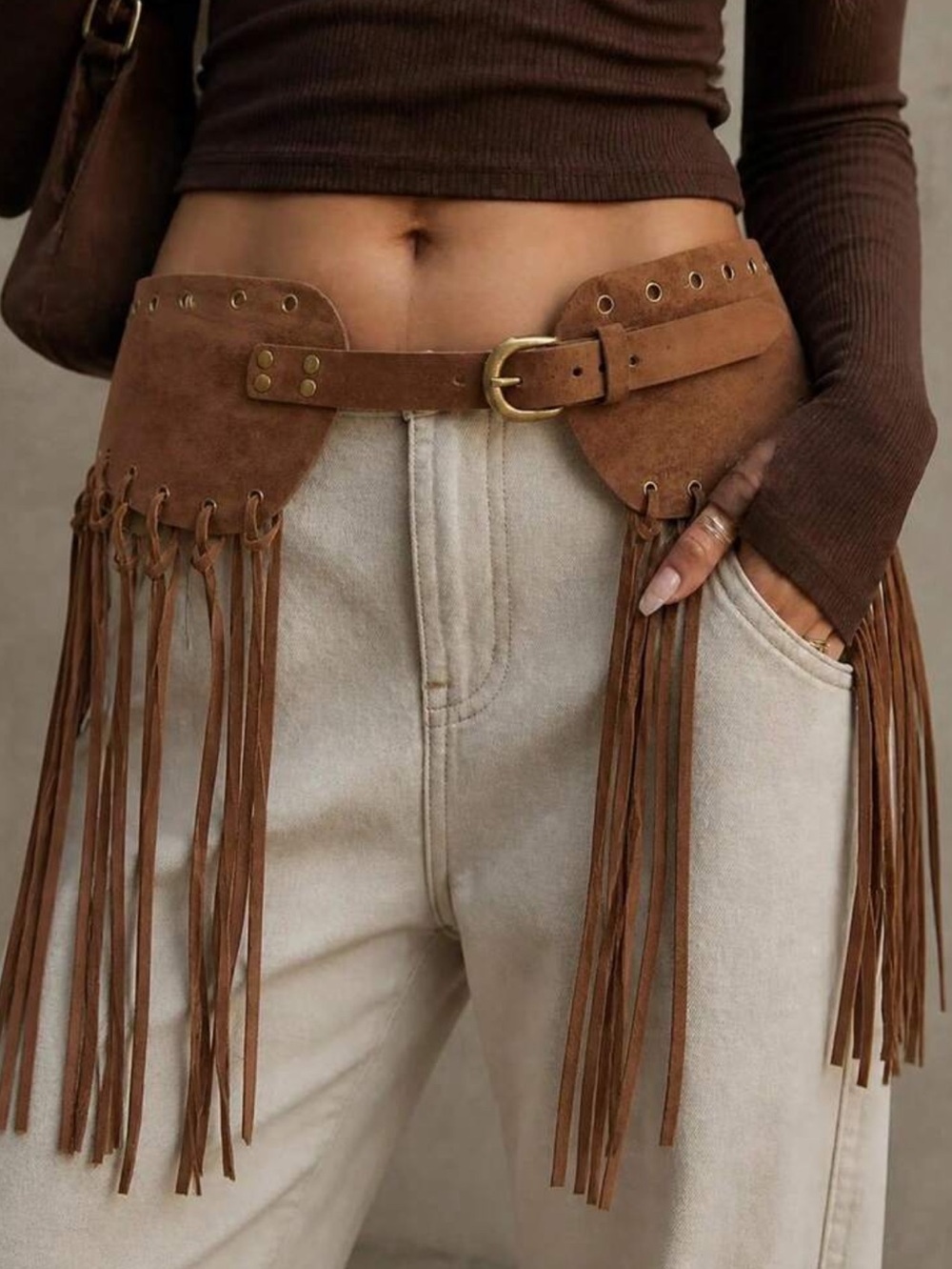 Brown Suede Fringe Waist Belt with Brass Buckle